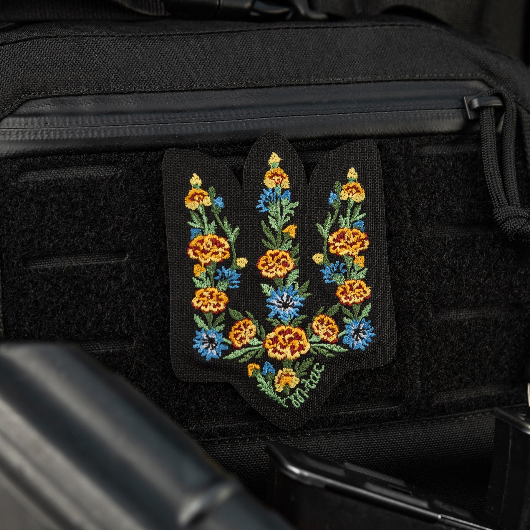 M-Tac нашивка Тризуб Чорнобривці (вишивка) Black