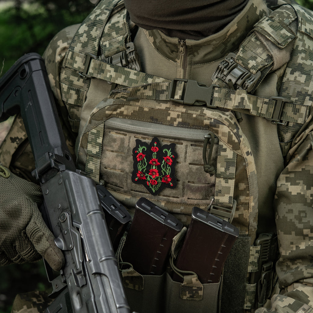 M-Tac нашивка Тризуб Червоний мак (вишивка) Black