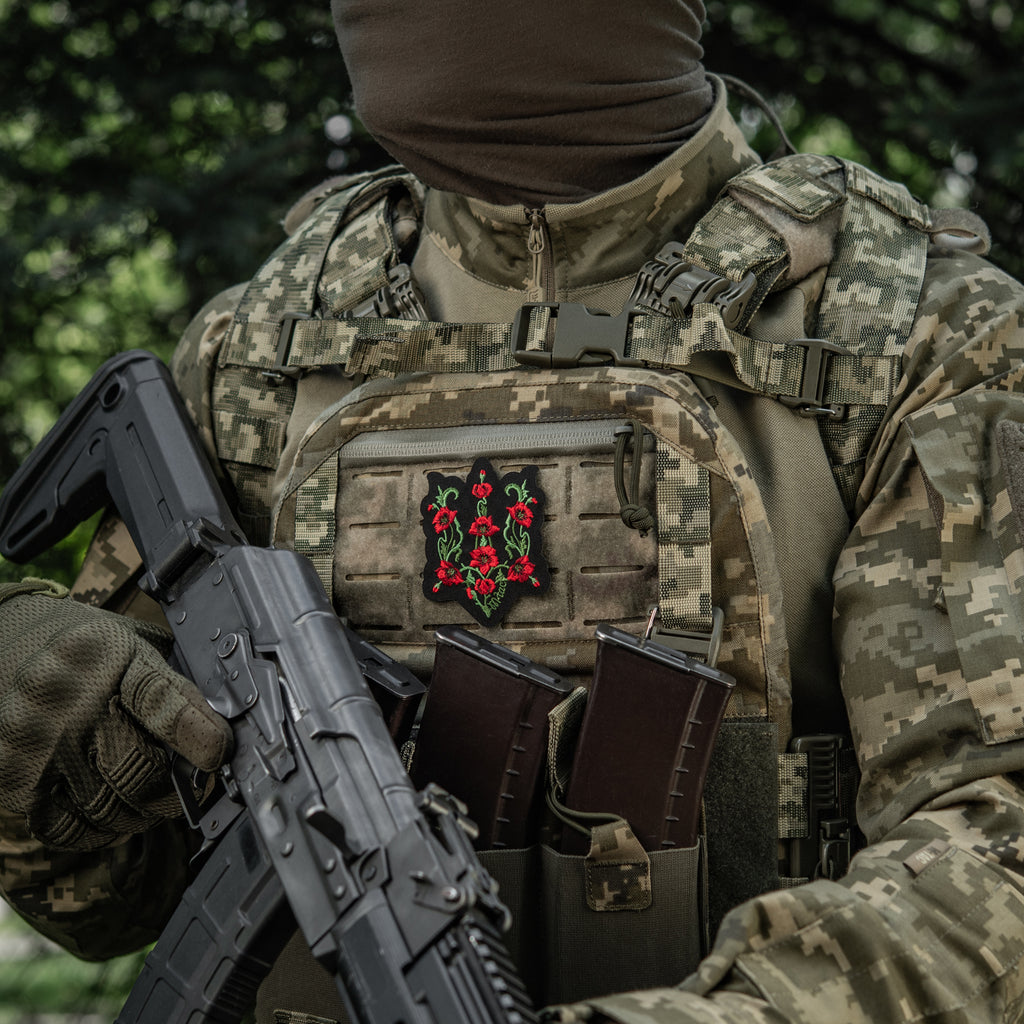 M-Tac нашивка Тризуб Червоний мак (вишивка) Black