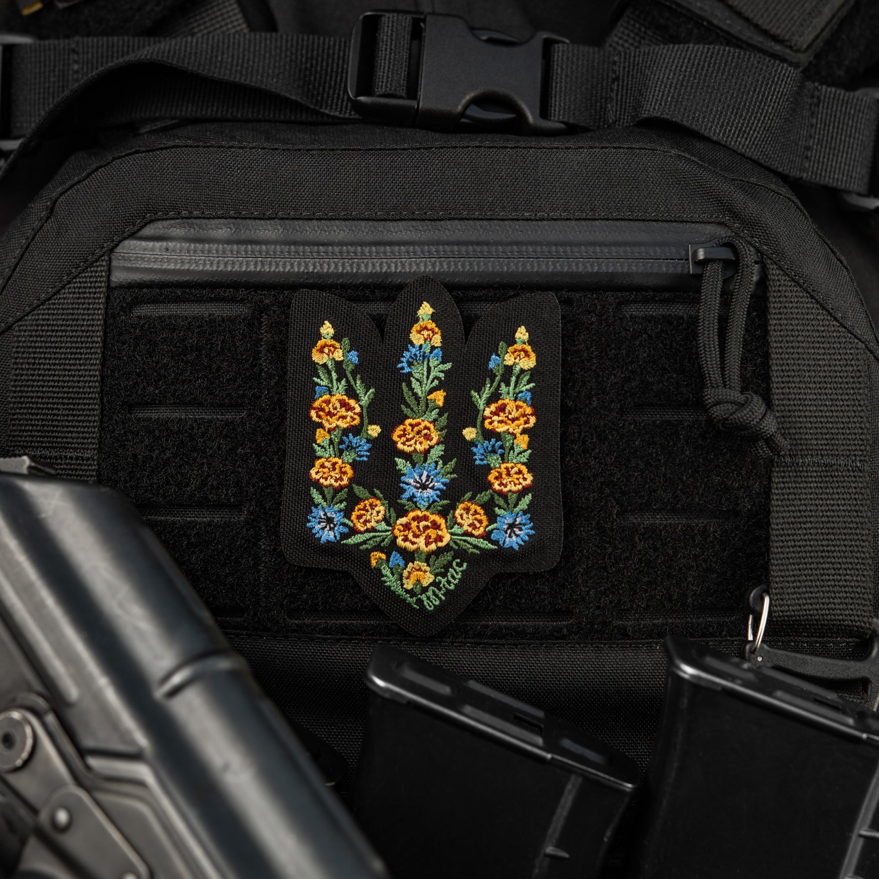 M-Tac нашивка Тризуб Чорнобривці (вишивка) Black