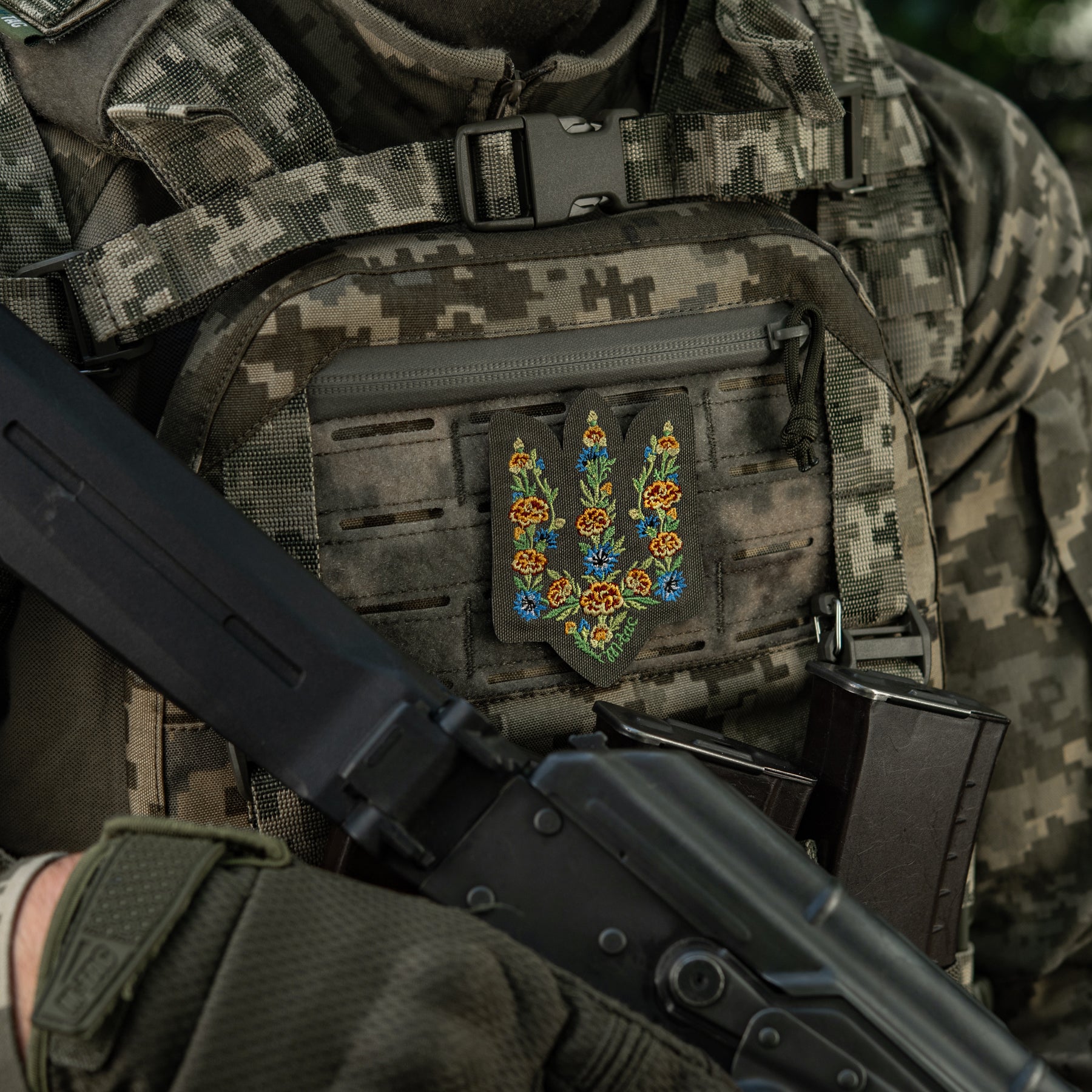 M-Tac нашивка Тризуб Чорнобривці (вишивка) Ranger Green